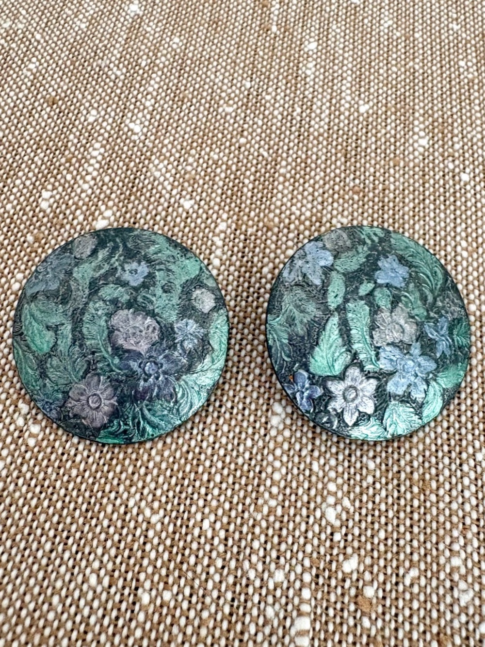 Vintage Etched Metal Romantic Floral Statement Button Stud Earrings